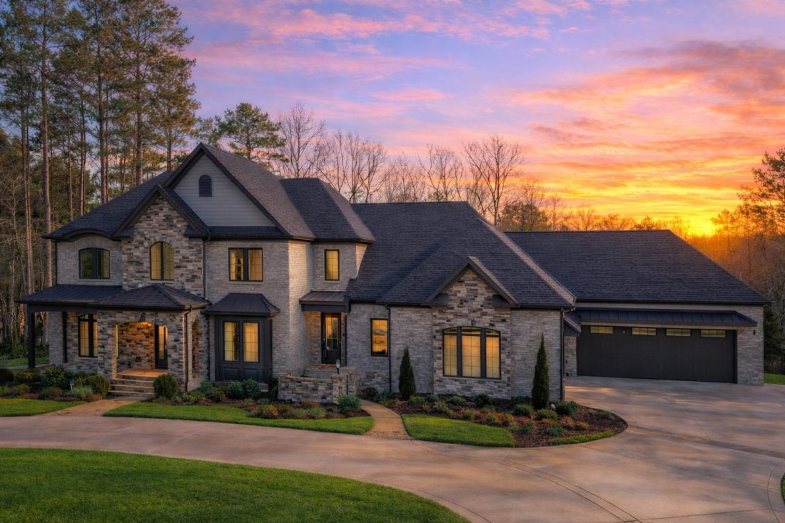 Front exterior of a luxury New American modern traditional home with brick and stone exterior, steep gables, arched windows, and elegant two-story entry
