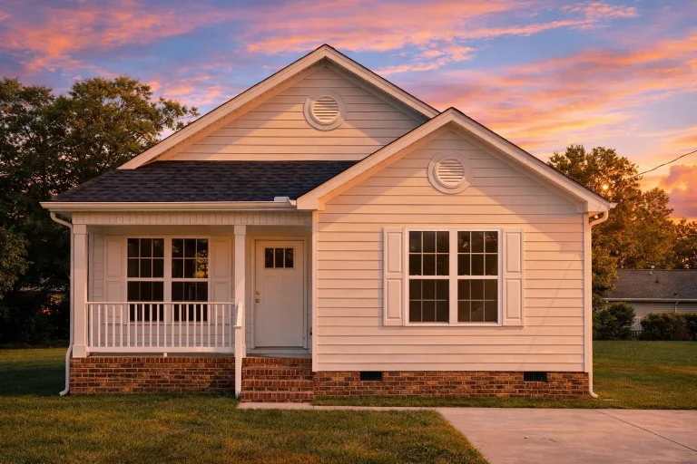 Front elevation of American Cottage style home with horizontal lap siding, brick base, gable roof, and covered front porch