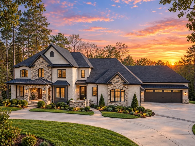 Front exterior of a luxury New American modern traditional home with brick and stone exterior, steep gables, arched windows, and elegant two-story entry