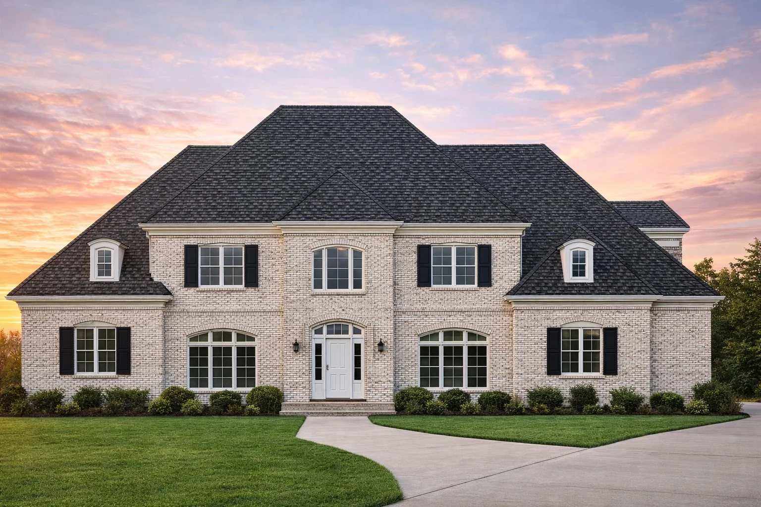 Front elevation of a Georgian Colonial style home featuring a brick exterior, symmetrical windows, hipped roof, and arched central entry