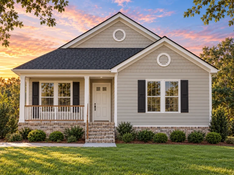 Front elevation of American Cottage style home with horizontal lap siding, brick base, gable roof, and covered front porch