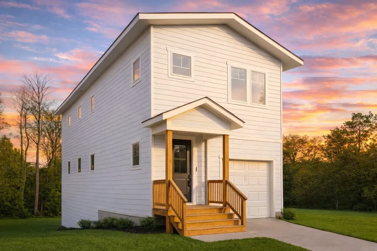 Front exterior view of an urban contemporary garage apartment with horizontal lap siding, simple porch entry, and compact vertical massing