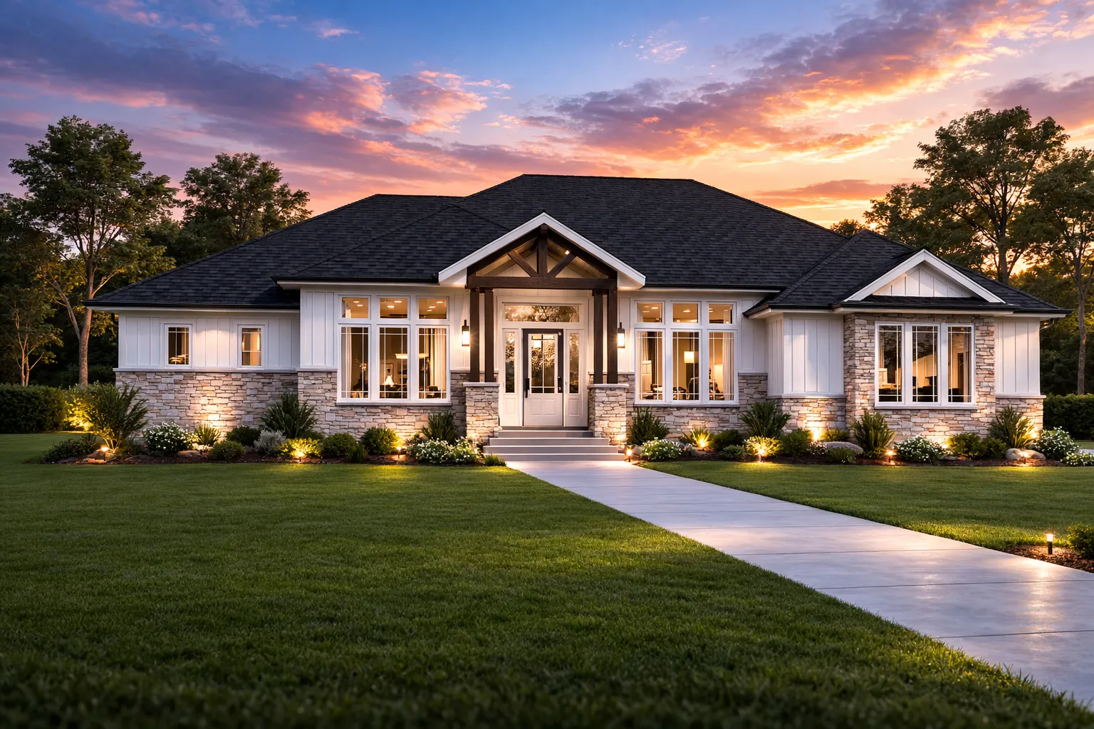 Front elevation of a Traditional Ranch style home featuring horizontal lap siding, stone wainscoting, and a covered entry porch with columns