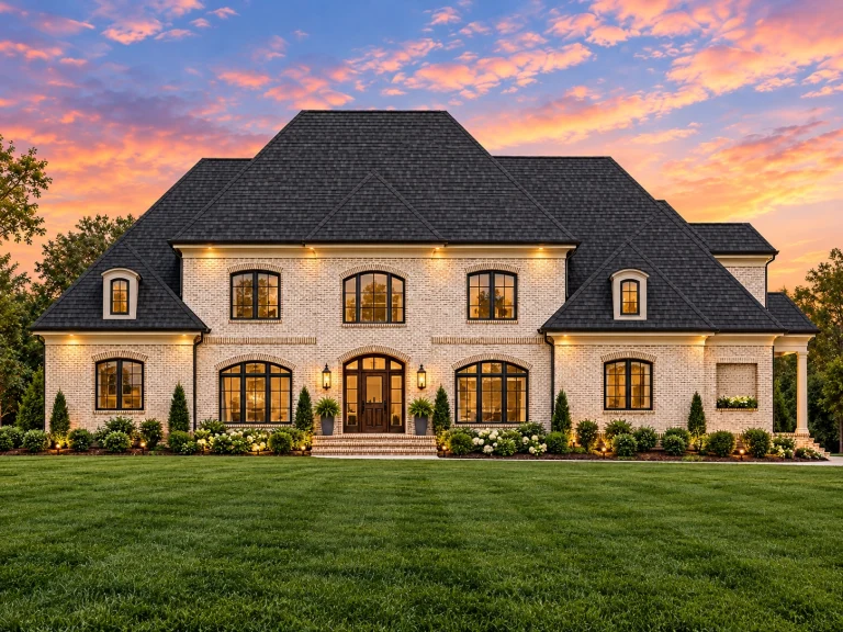 Best-Selling House Plans for Builders 25 Front elevation of a Georgian Colonial style home featuring a brick exterior, symmetrical windows, hipped roof, and arched central entry