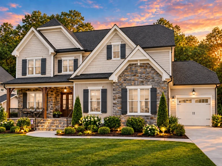 Front exterior of a New American style suburban home featuring horizontal siding, stone accents, gabled rooflines, and an attached garage