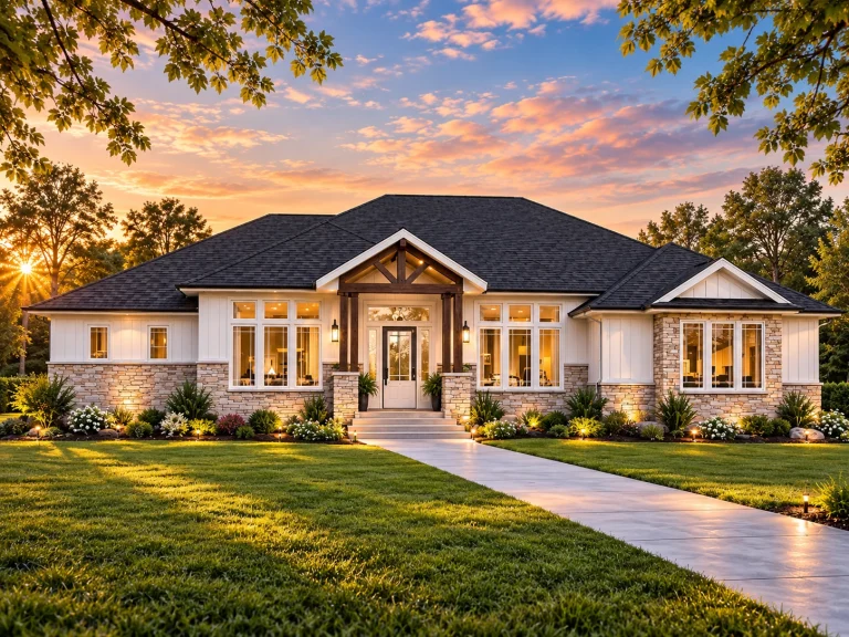 Front elevation of a Traditional Ranch style home featuring horizontal lap siding, stone wainscoting, and a covered entry porch with columns