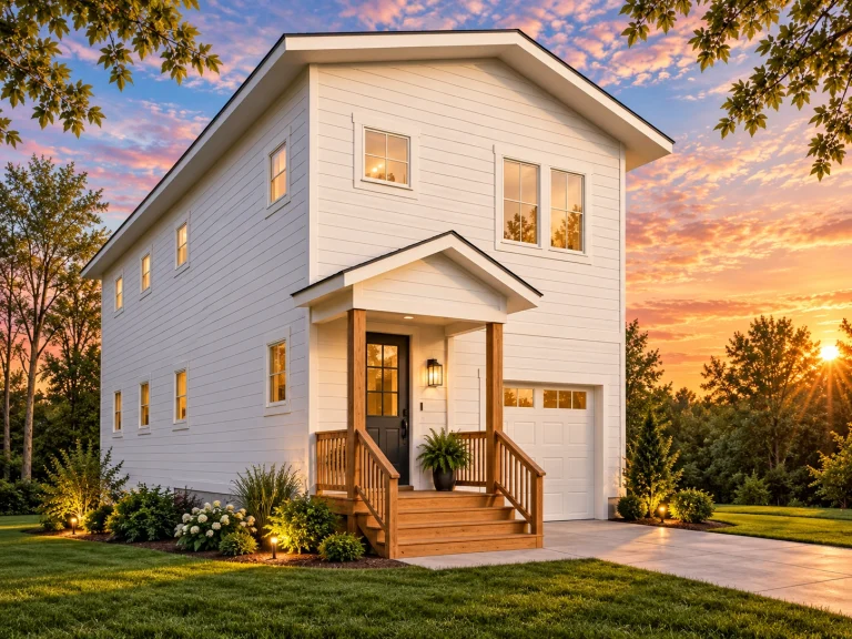 Front exterior view of an urban contemporary garage apartment with horizontal lap siding, simple porch entry, and compact vertical massing