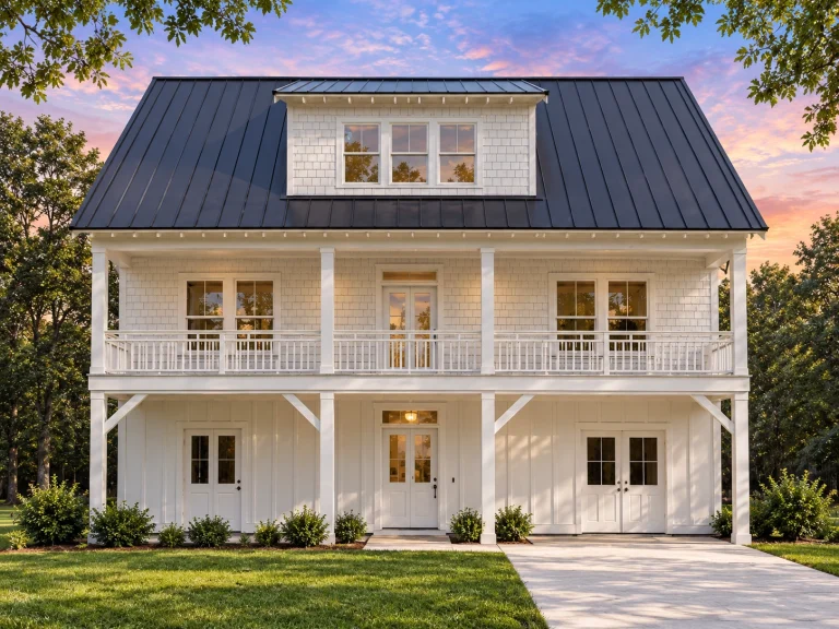 Front elevation of a Coastal Farmhouse with metal roof, double stacked porches, and horizontal siding with board-and-batten accents
