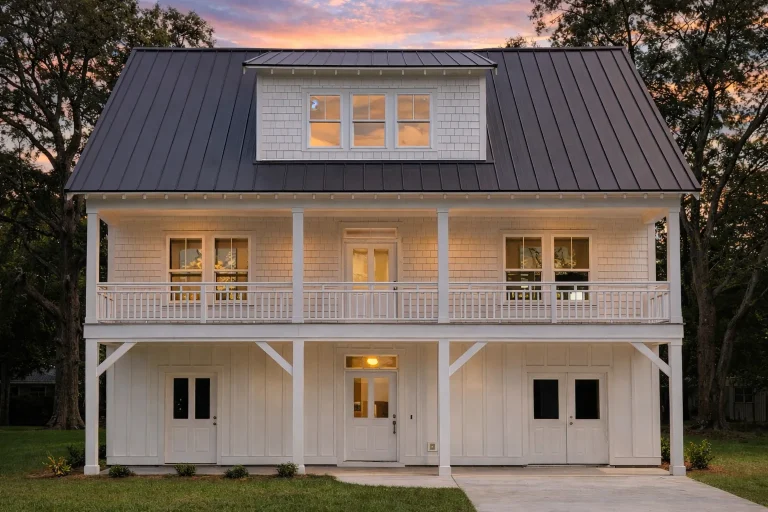 Front elevation of a Coastal Farmhouse with metal roof, double stacked porches, and horizontal siding with board-and-batten accents