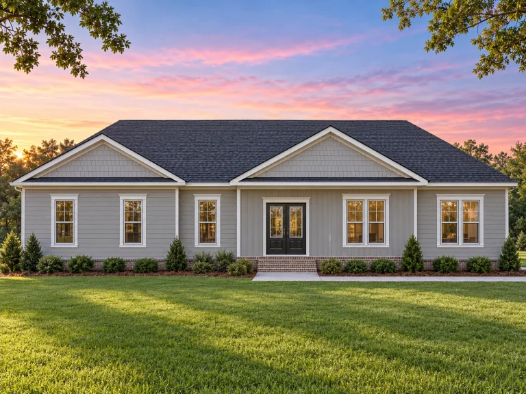 House Plans with Fireplace 16 Front view of a Traditional Ranch Farmhouse featuring white horizontal siding with board and batten gable accents, dark roof, and inviting front porch entry.