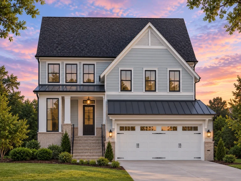 Front elevation of New American modern traditional home featuring board and batten siding, stone accents, and an attached two-car garage