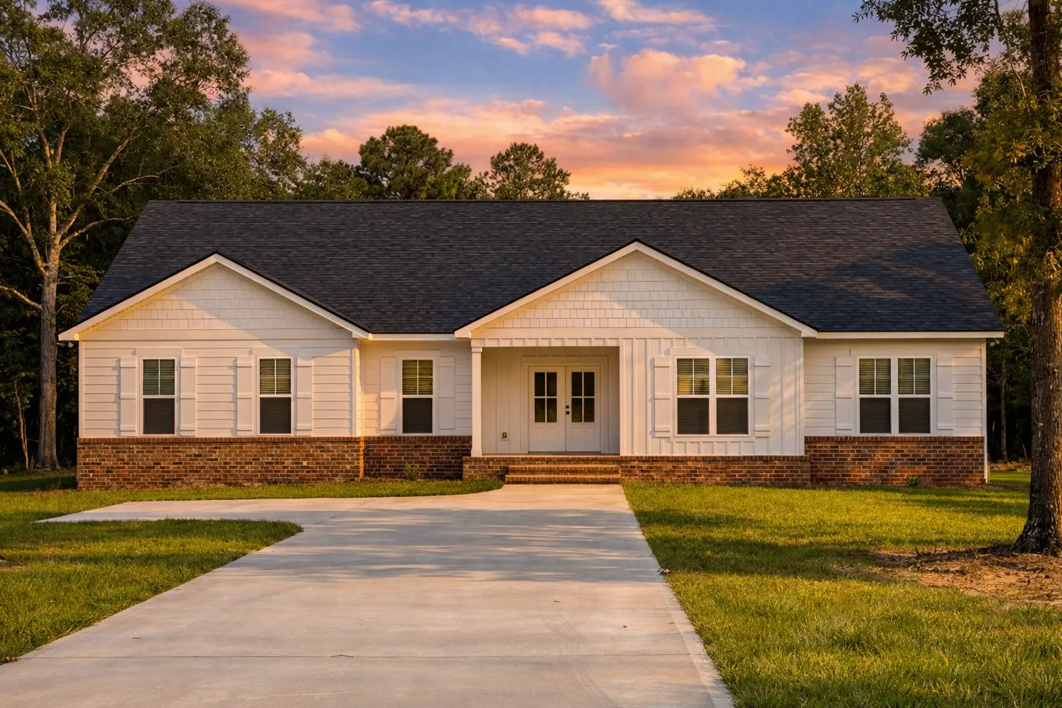 Front view of a Traditional Ranch Farmhouse featuring white horizontal siding with board and batten gable accents, dark roof, and inviting front porch entry.