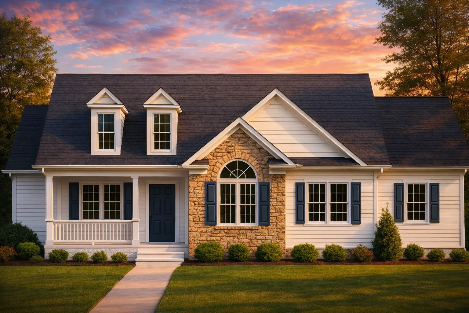 Front exterior of a Traditional Cape Cod style home featuring horizontal siding, stone accents, gable dormers, and a welcoming covered porch