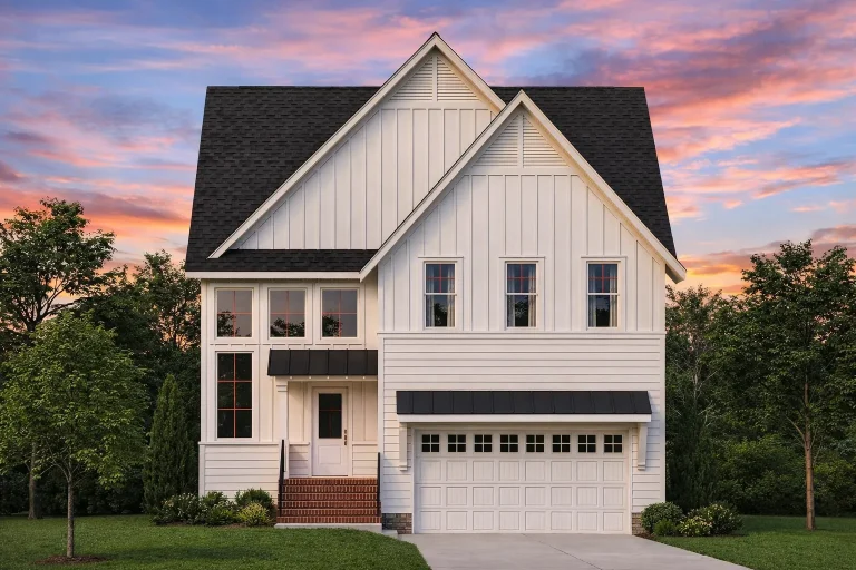 Front elevation of New American modern traditional home featuring board and batten siding, stone accents, and an attached two-car garage