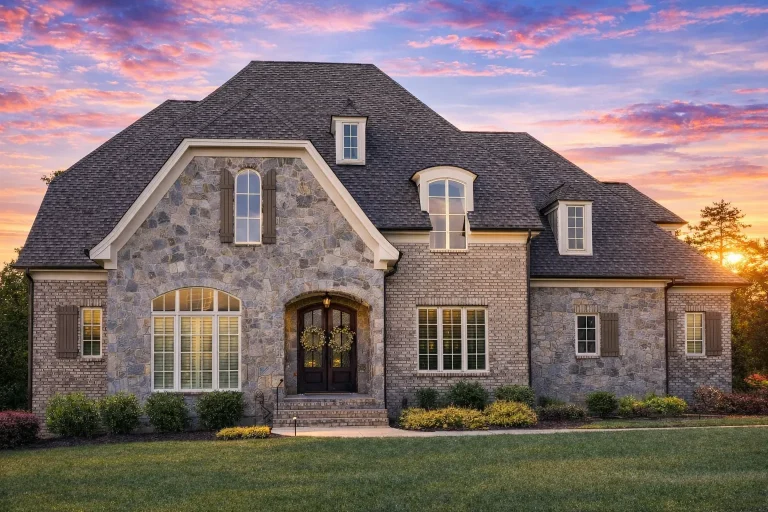 Front elevation of a French Country style home featuring stucco exterior, brick detailing, steep hipped rooflines, and symmetrical window design