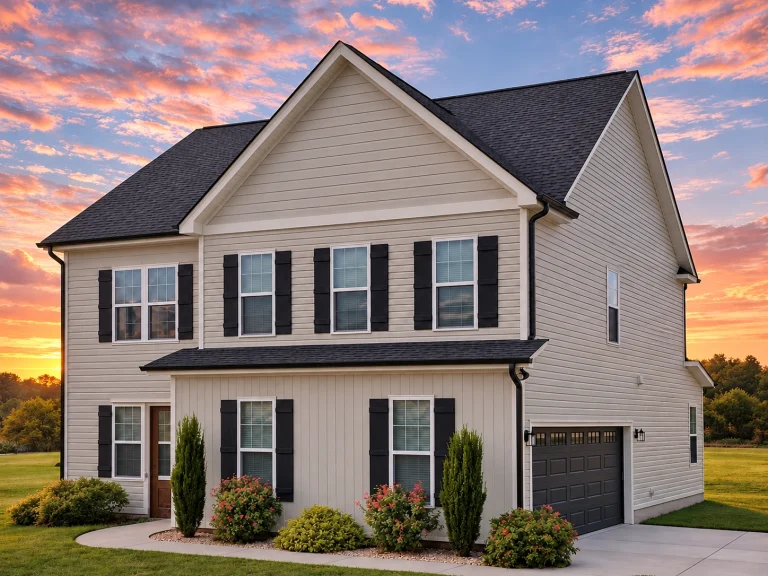 Front elevation of a Traditional Colonial style home with white lap siding, black shutters, and a symmetrical two-story façade