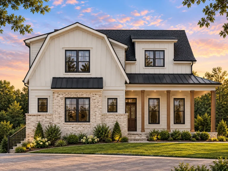 House Plans with Pools 20 Front elevation of Modern Farmhouse style home with horizontal lap siding, board and batten accents, gable roof, and full-width covered porch