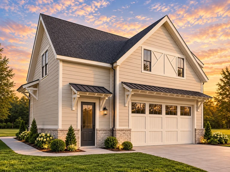 Front elevation of a Craftsman Cottage style home featuring horizontal lap siding, brick base detailing, metal awnings, and carriage-style garage doors