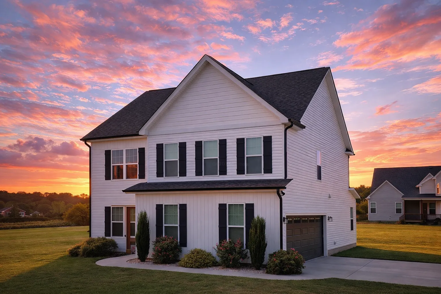Front elevation of a Traditional Colonial style home with white lap siding, black shutters, and a symmetrical two-story façade