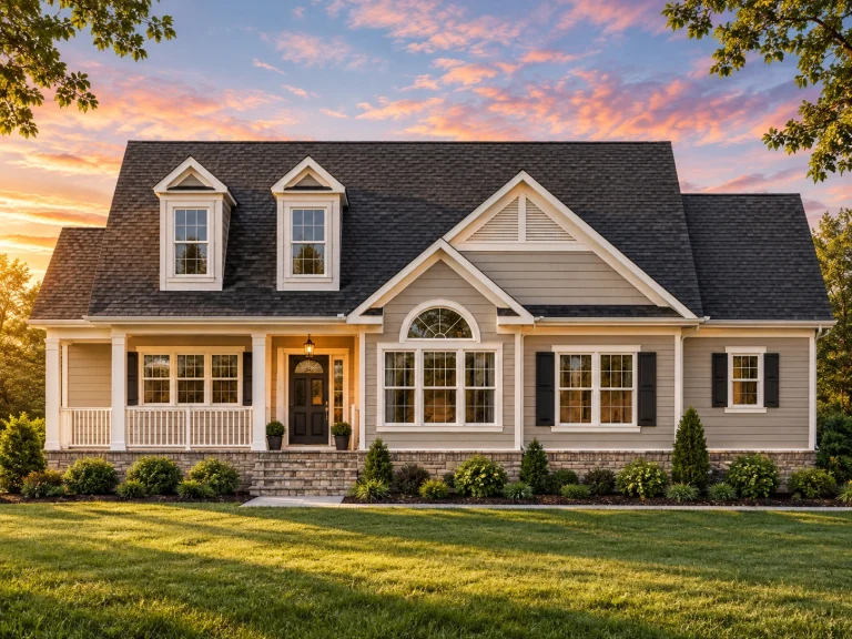 Front exterior of a Traditional Cape Cod style home featuring horizontal siding, stone accents, gable dormers, and a welcoming covered porch