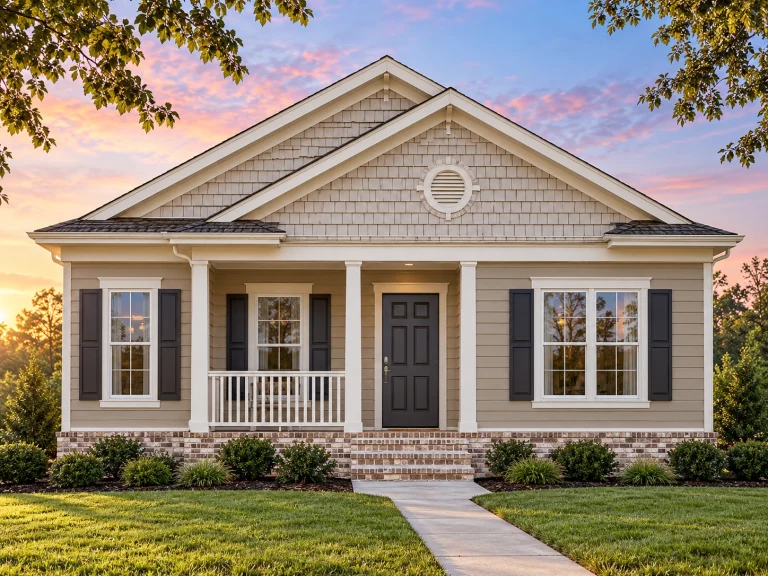 House Plans with Outdoor Kitchen 4 Front view of an American Cottage style home featuring horizontal siding, brick foundation, shutters, and a welcoming covered porch