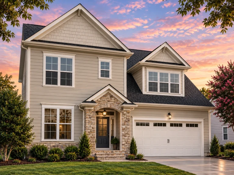 Front elevation of a Traditional Colonial style home with brick exterior, multi-pane windows, central entry, and attached garage