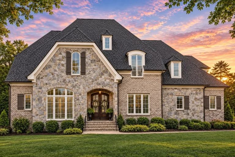 House Plans with Outdoor Kitchen 6 Front elevation of a French Country style home featuring stucco exterior, brick detailing, steep hipped rooflines, and symmetrical window design