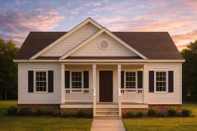 House Plans 7 Front view of an American Cottage style home featuring horizontal siding, brick foundation, shutters, and a welcoming covered porch