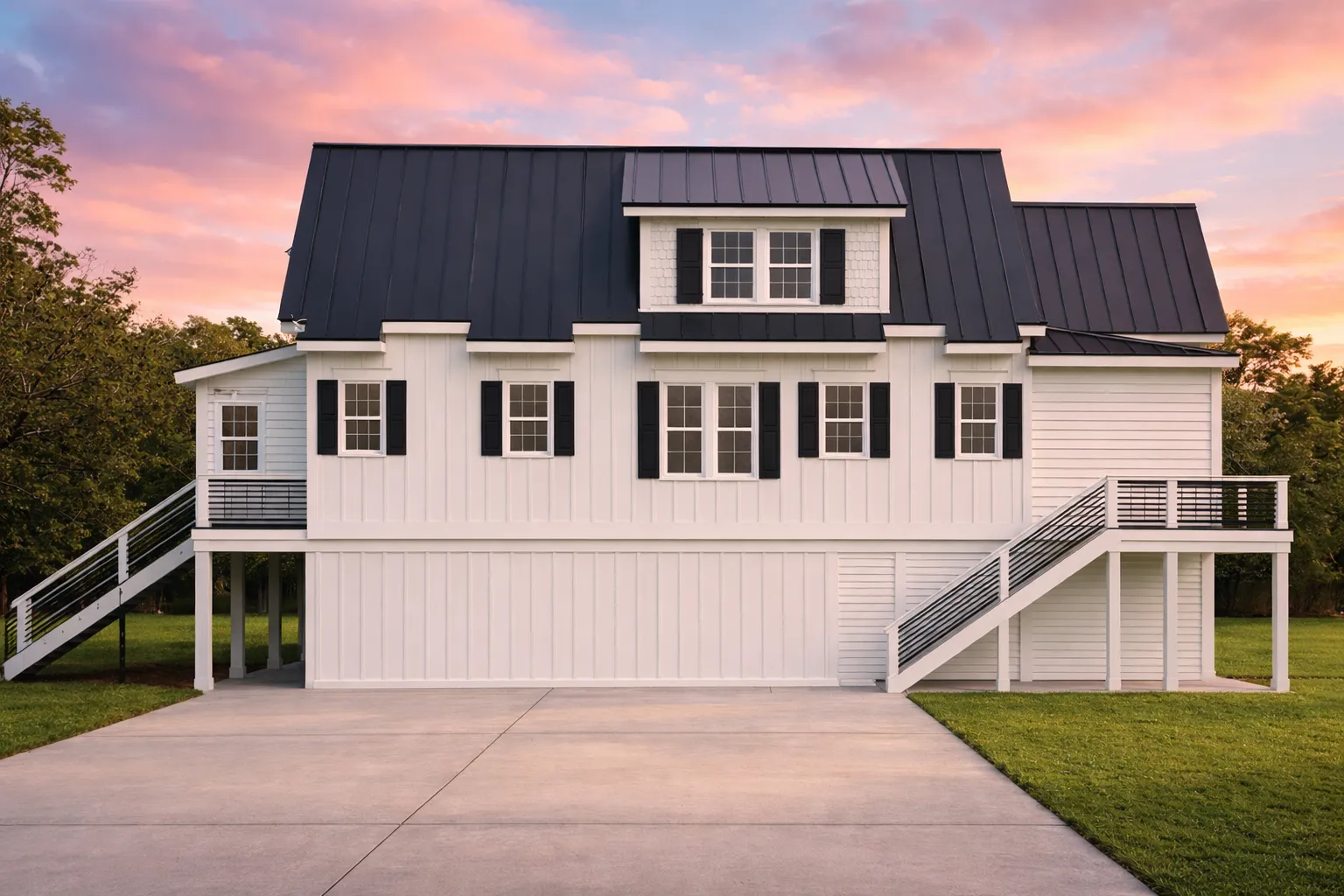 Elevated Coastal Farmhouse carriage house with board and batten siding, metal roof, exterior stairs, and garage-level living space