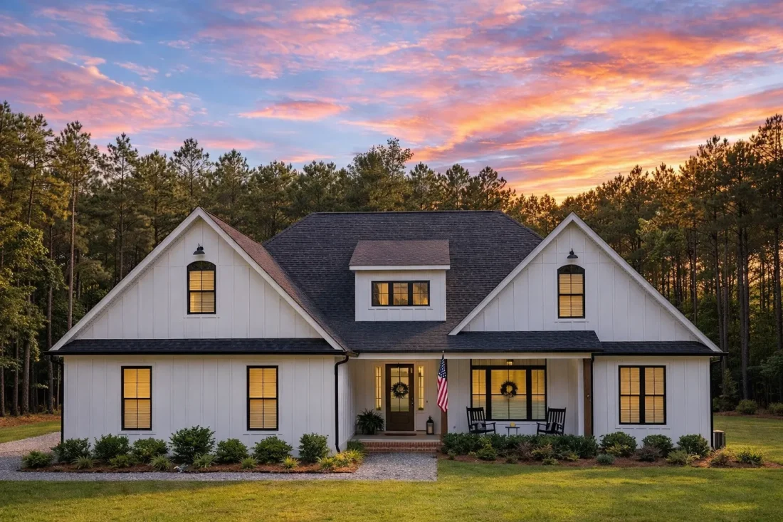 Front view of a Traditional Transitional Ranch home featuring lap and shingle siding, stone foundation accents, wood shutters, and a covered entry with columns.