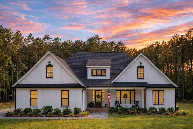 Front view of a Traditional Transitional Ranch home featuring lap and shingle siding, stone foundation accents, wood shutters, and a covered entry with columns.