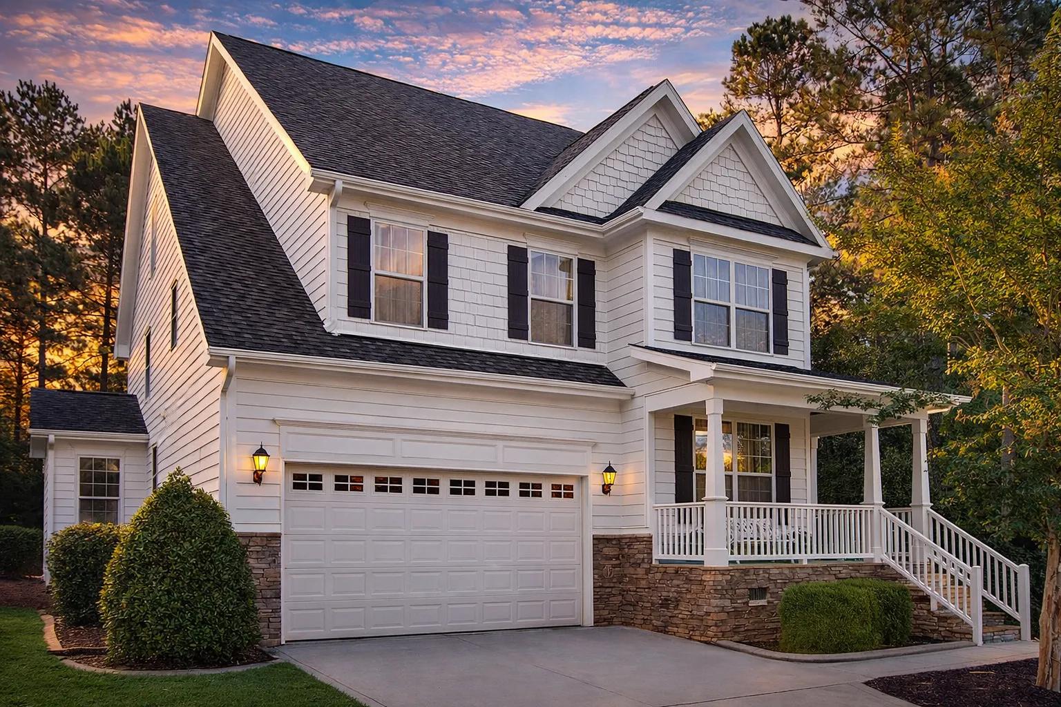 Front exterior view of a Traditional New American style home with lap siding, stone accents, gabled rooflines, and a covered front porch