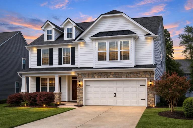 Front elevation of a New American style suburban home featuring horizontal lap siding, stone veneer accents, and a two-car garage