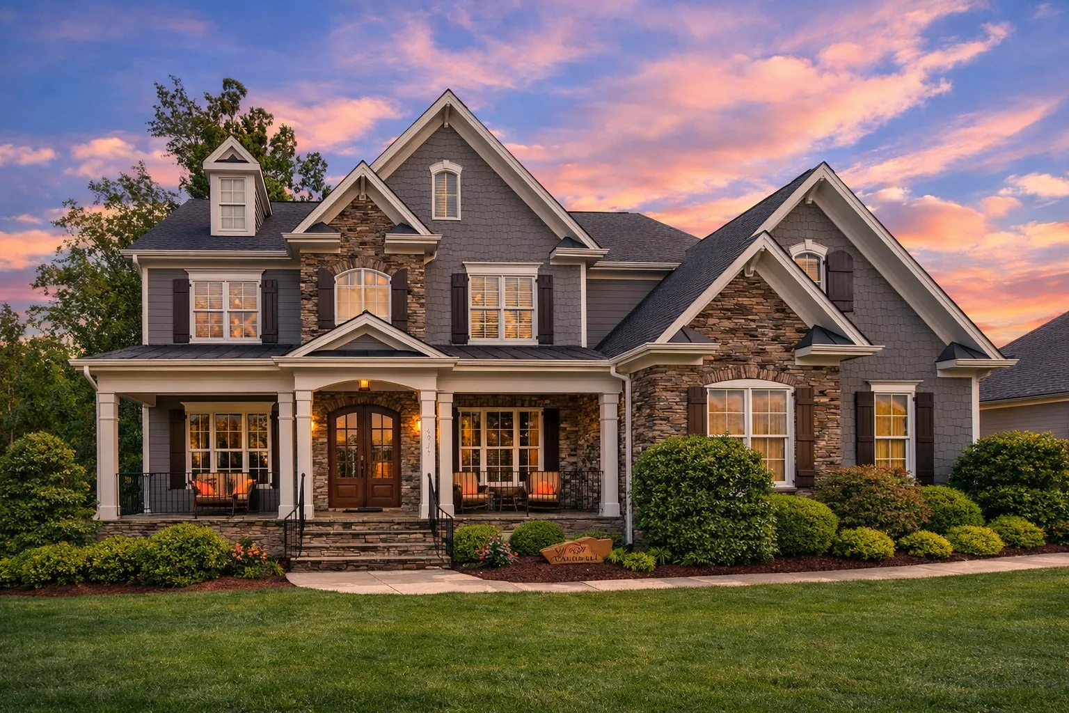 Front exterior of a Traditional Colonial New American style home featuring stone veneer, horizontal lap siding, symmetrical windows, and a covered front porch