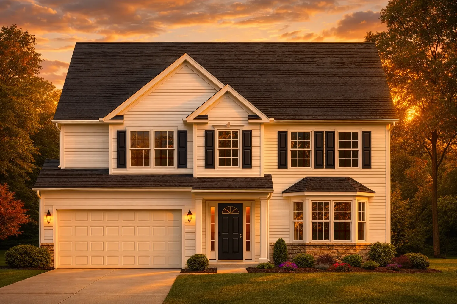 Front exterior view of a Traditional Colonial style two-story home with horizontal siding, stone accents, black shutters, and an attached two-car garage