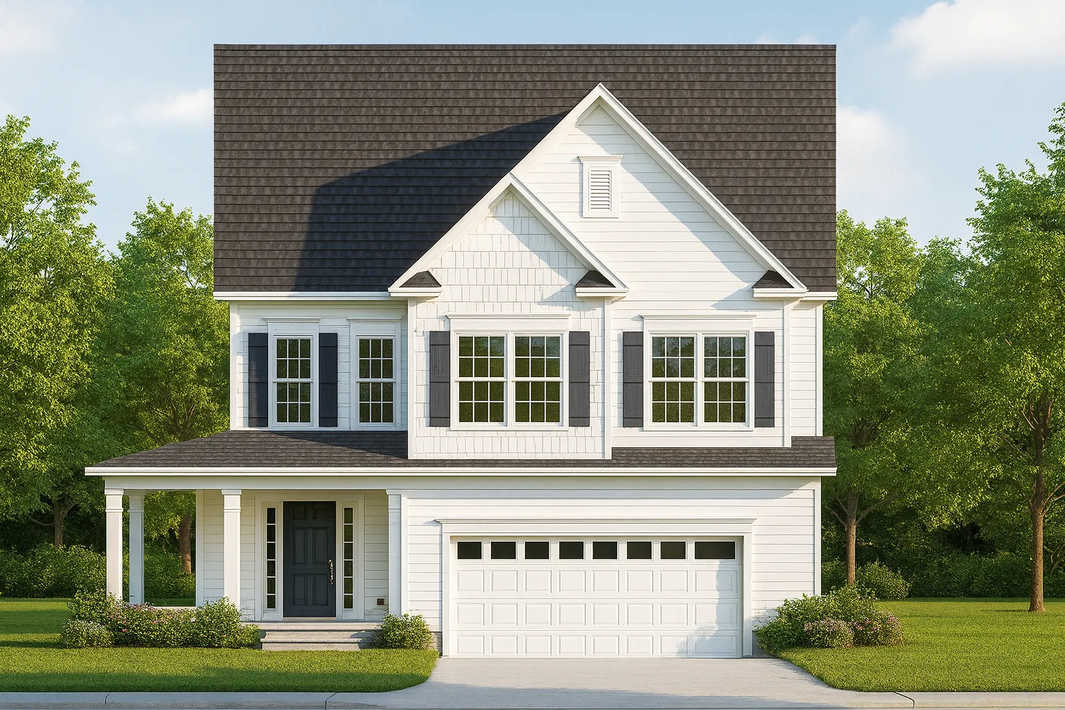 Front elevation of a Traditional Colonial Revival style home featuring gray siding, red shutters, gable rooflines, and a two-car garage