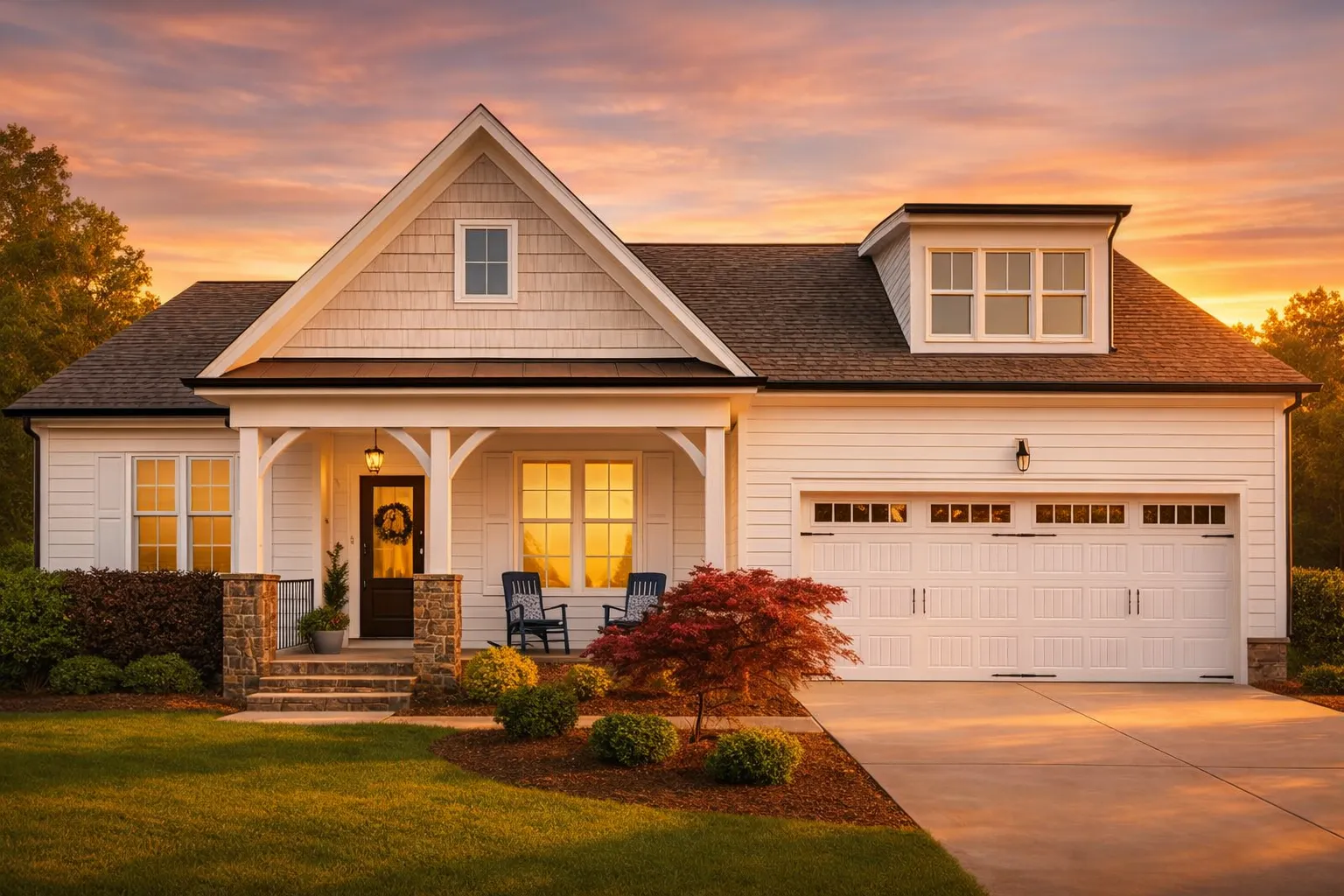 Front exterior of a modern farmhouse style home with horizontal siding, board and batten accents, covered front porch, and attached two car garage