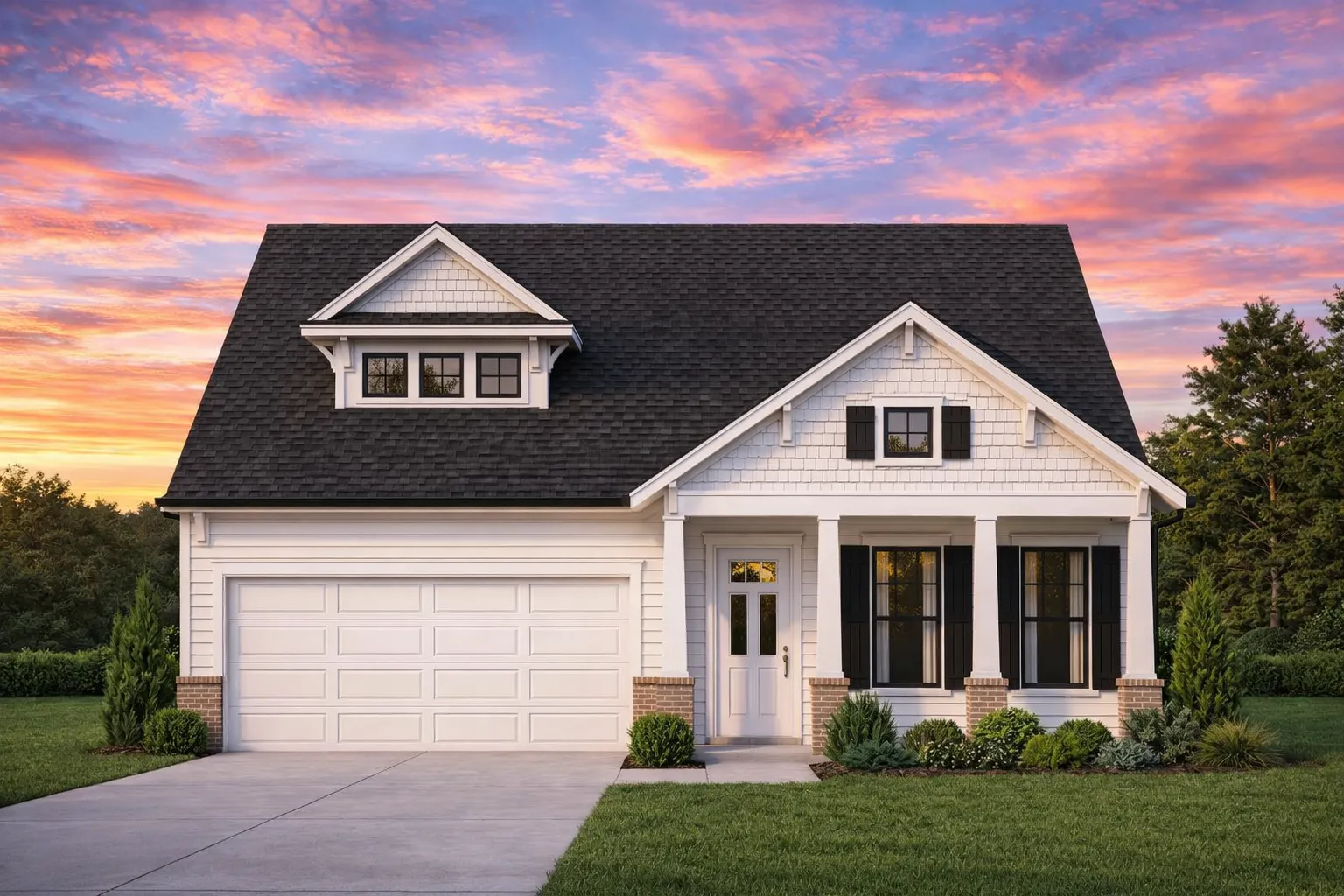 Front elevation of a Traditional Craftsman style house with horizontal siding, stone accents, gabled roof, and covered porch