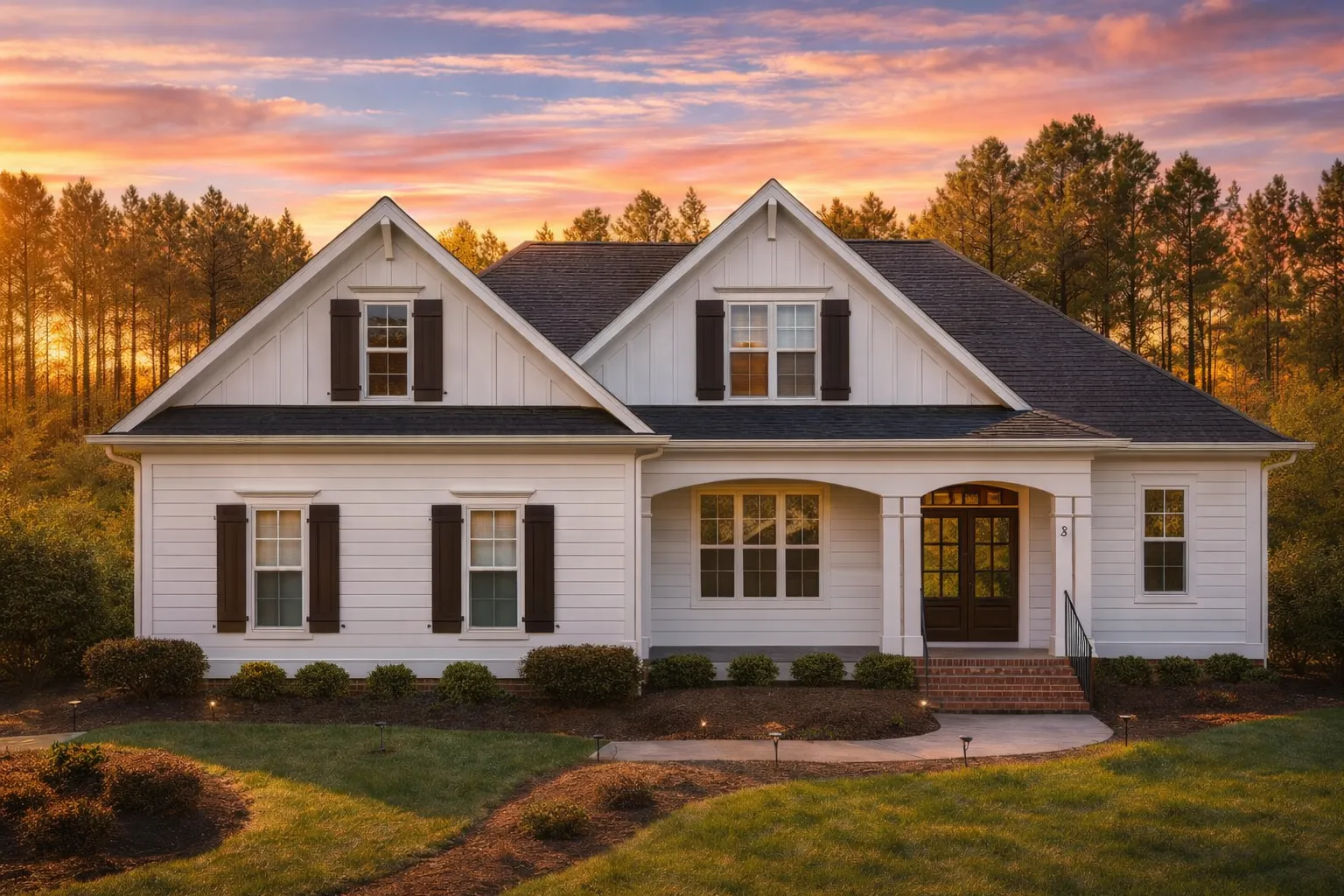 Front elevation of a Traditional Farmhouse with Craftsman details, featuring blue lap siding, white trim, and dark shutters surrounded by manicured landscaping.