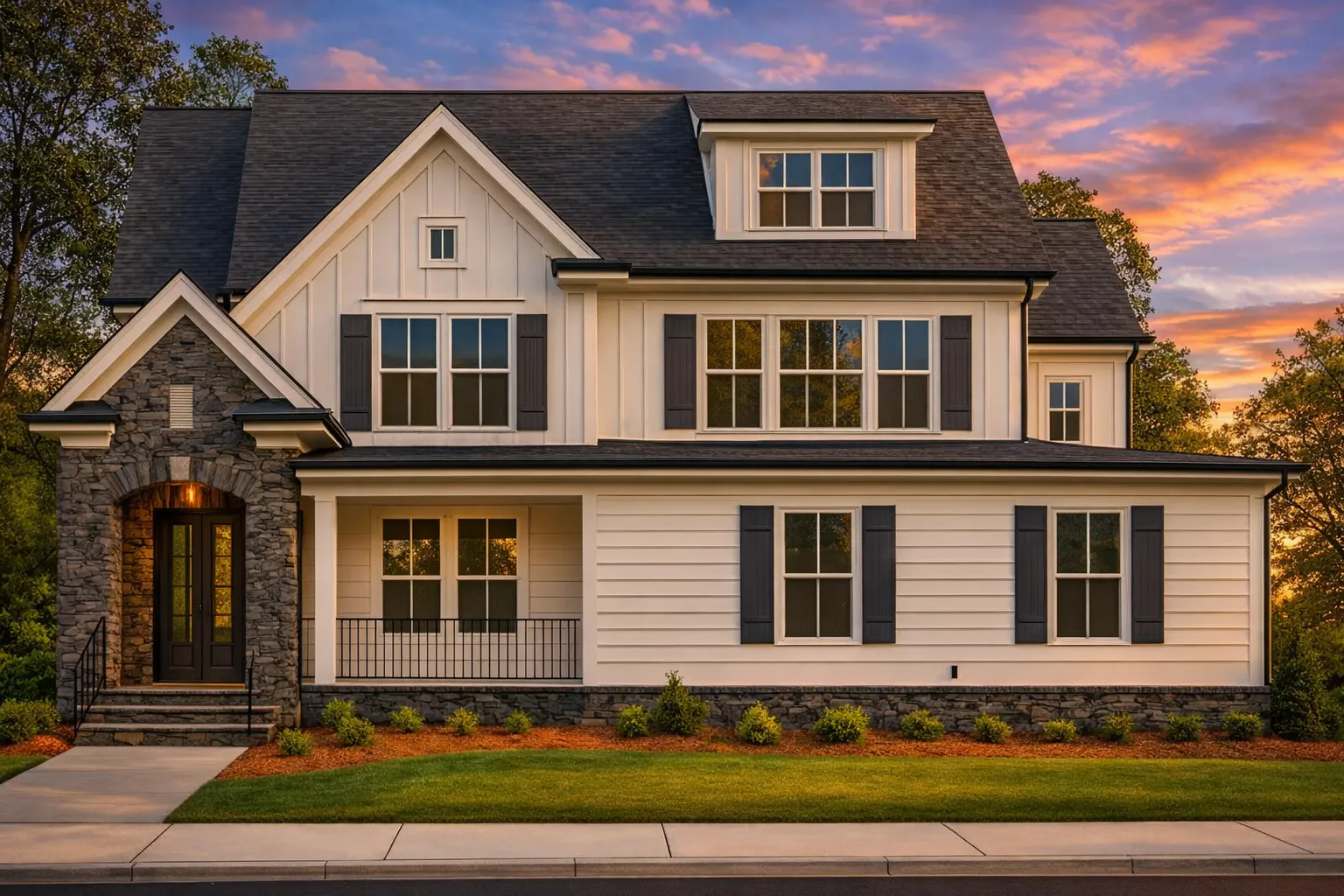 Front elevation of a New American style home featuring board and batten siding, horizontal lap siding, stone-accented entry, and classic modern traditional detailing