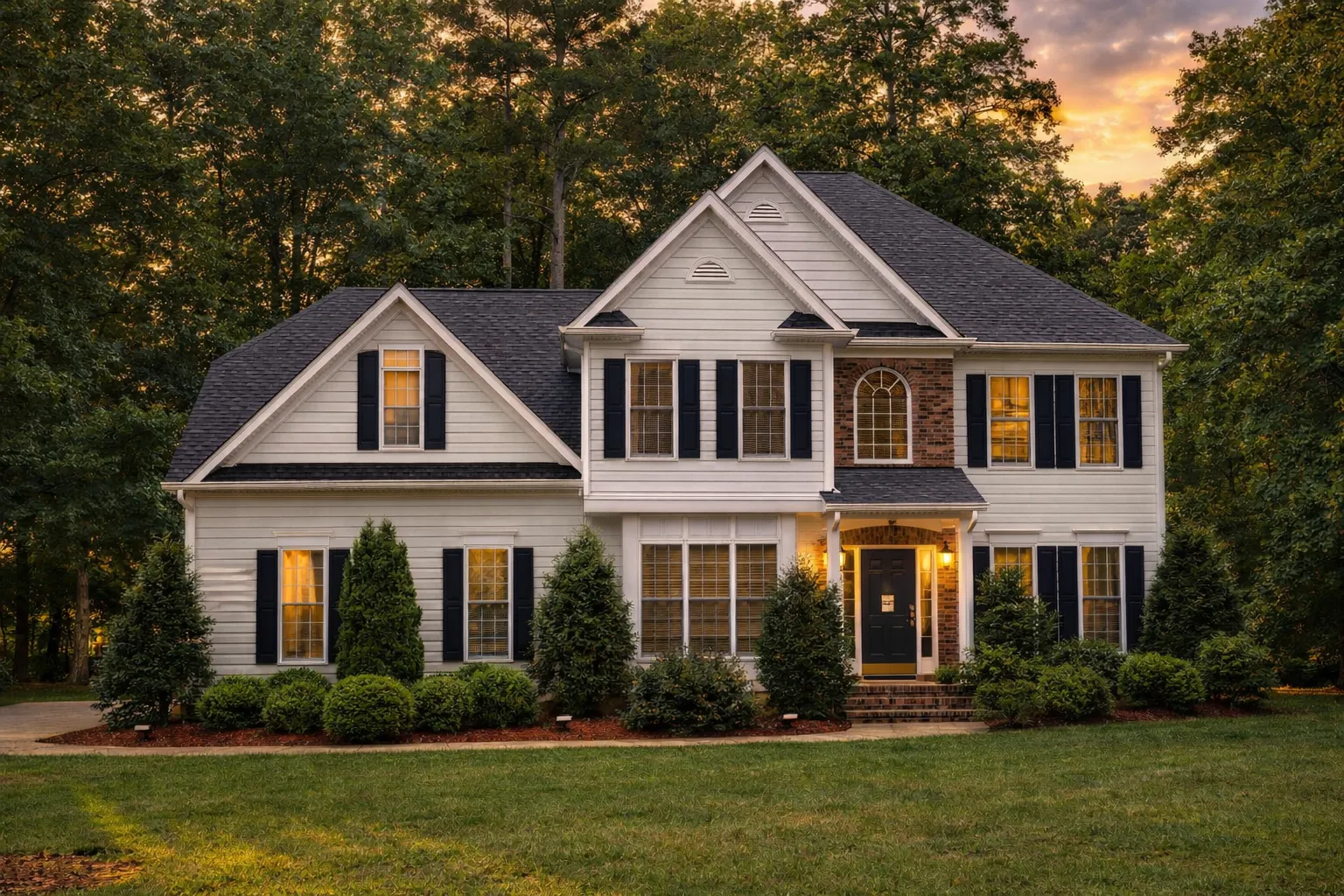 Front exterior view of a Traditional Colonial style home with horizontal siding, brick-accented entry, black shutters, and symmetrical windows