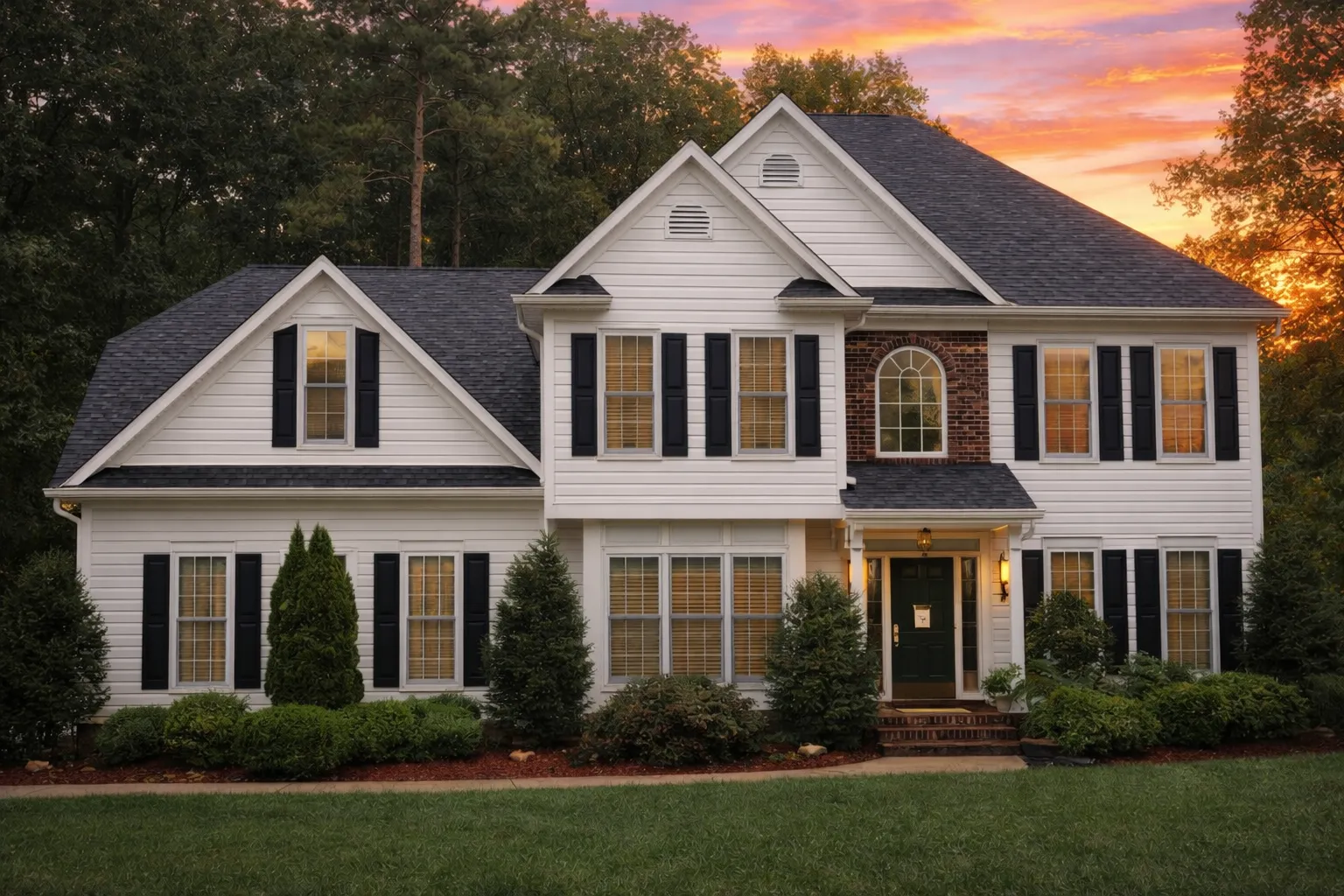 Front elevation of Traditional Colonial style home with horizontal lap siding, black shutters, and symmetrical facade