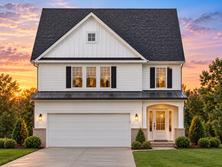 ElegantFront elevation of a Traditional Colonial home featuring white siding, brick veneer, black shutters, and a gable roof design 2-Story House Plan with Craftsman-Inspired Design