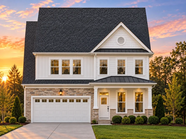 Front elevation of Traditional Colonial two-story home with horizontal lap siding, symmetrical windows, gable roof, and attached two-car garage