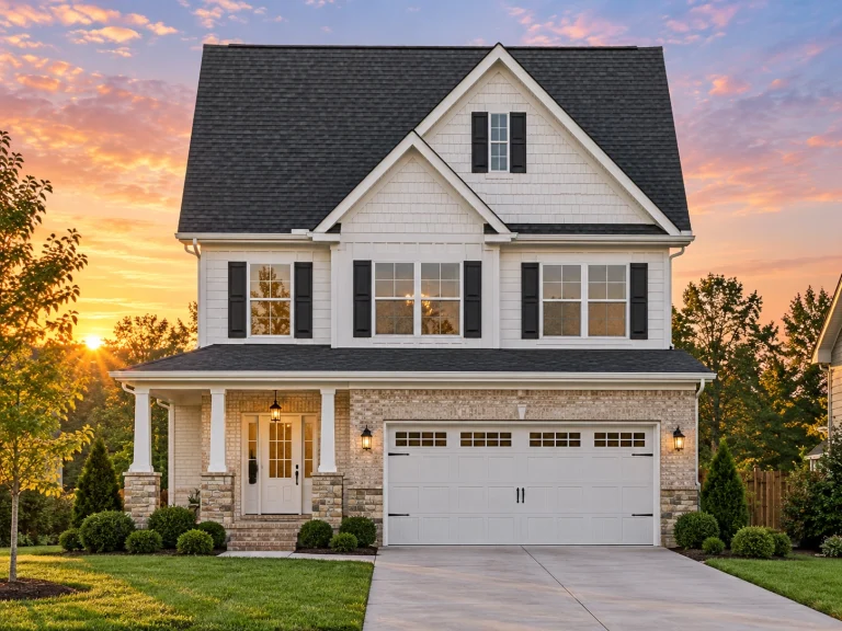 Modern Farmhouse House Plans 25 Front elevation of a Traditional Colonial Revival style home featuring gray siding, red shutters, gable rooflines, and a two-car garage