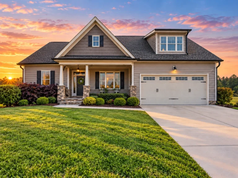 Front exterior of a modern farmhouse style home with horizontal siding, board and batten accents, covered front porch, and attached two car garage