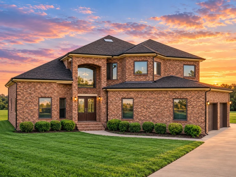 Front view of a two-story Traditional Brick home with transitional architectural details and a welcoming arched entryway