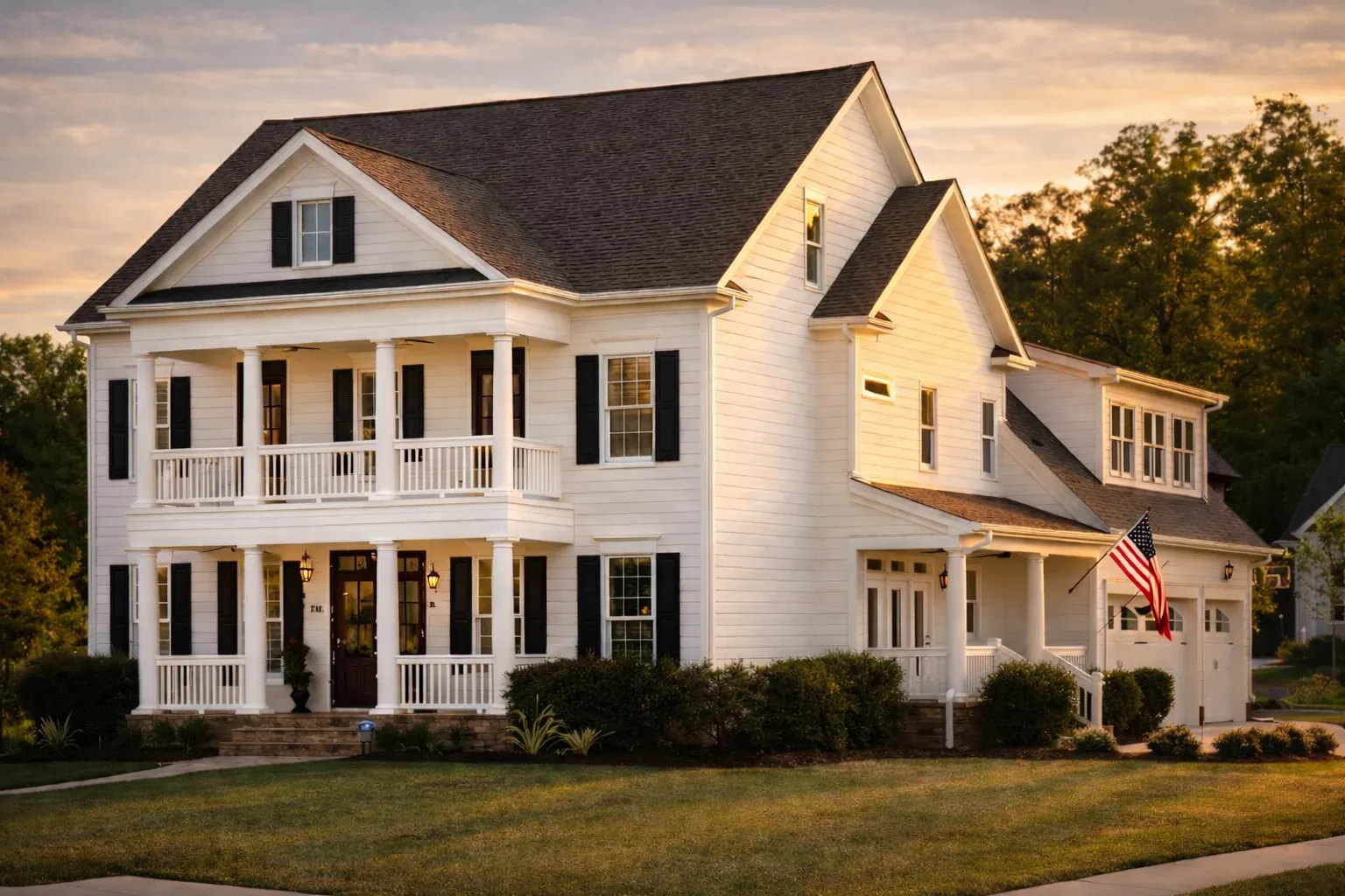 Front elevation of a Colonial Southern style home featuring white siding, black shutters, double front porch columns, and symmetrical architecture