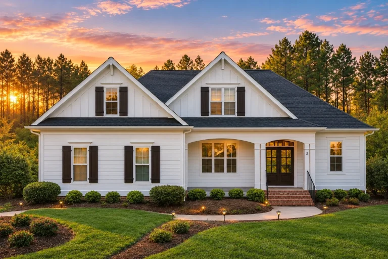 Barndominium House Plans 6 Front elevation of a Traditional Farmhouse with Craftsman details, featuring blue lap siding, white trim, and dark shutters surrounded by manicured landscaping.