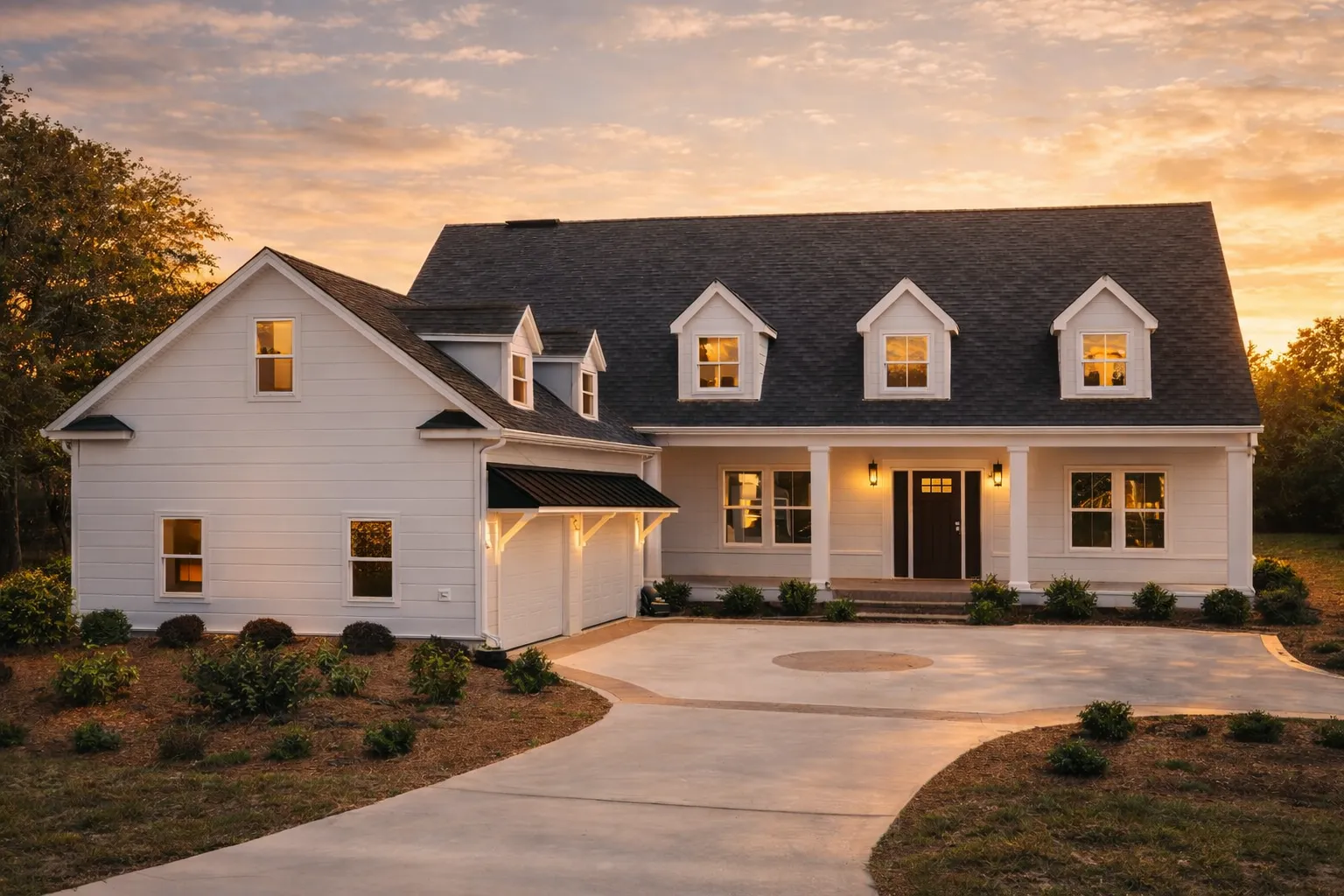 Front elevation of a Cape Cod style home with New American influences, featuring white horizontal siding, dormer windows, symmetrical facade, and welcoming front entry